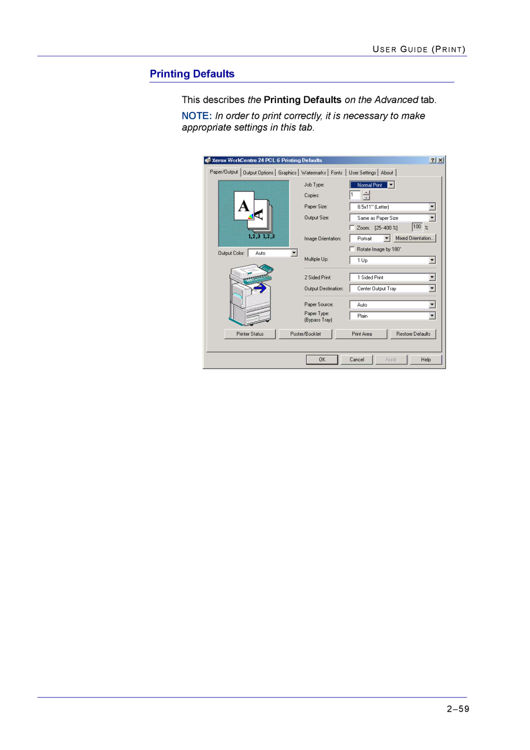 Xerox M24 manual This describes the Printing Defaults on the Advanced tab 