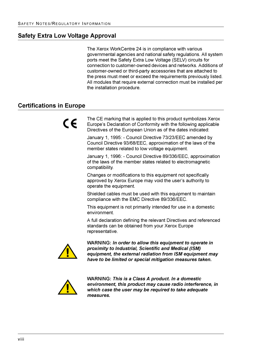 Xerox M24 manual Safety Extra Low Voltage Approval 