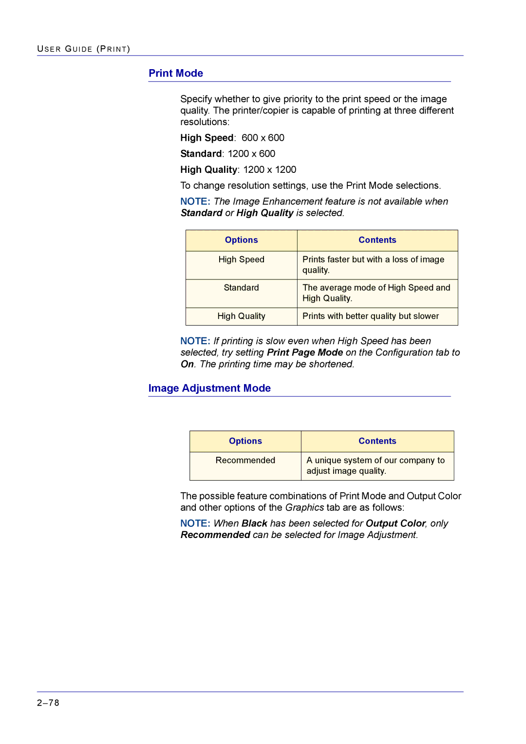 Xerox M24 manual Print Mode, Image Adjustment Mode 