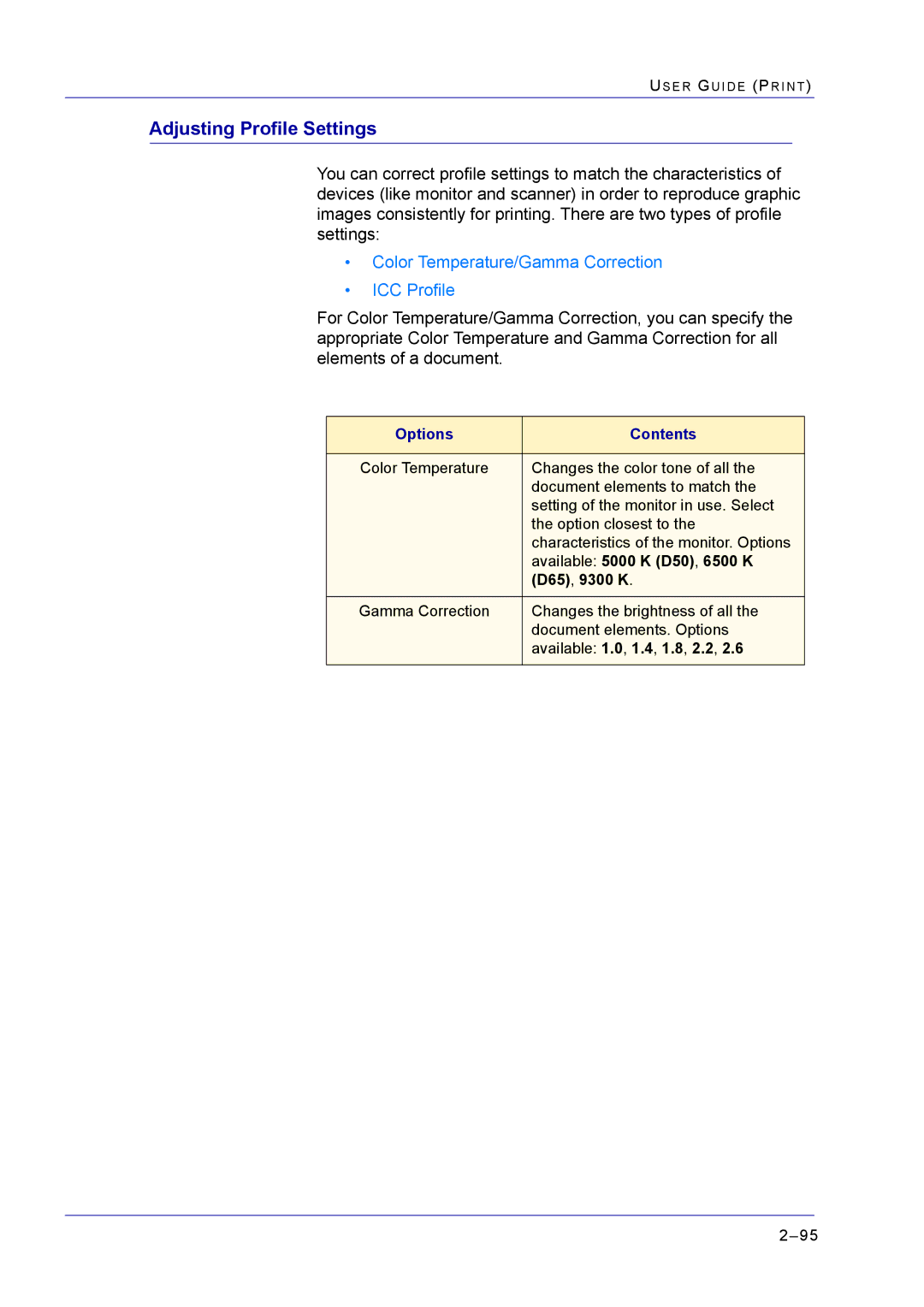 Xerox M24 manual Adjusting Profile Settings, Color Temperature/Gamma Correction ICC Profile 