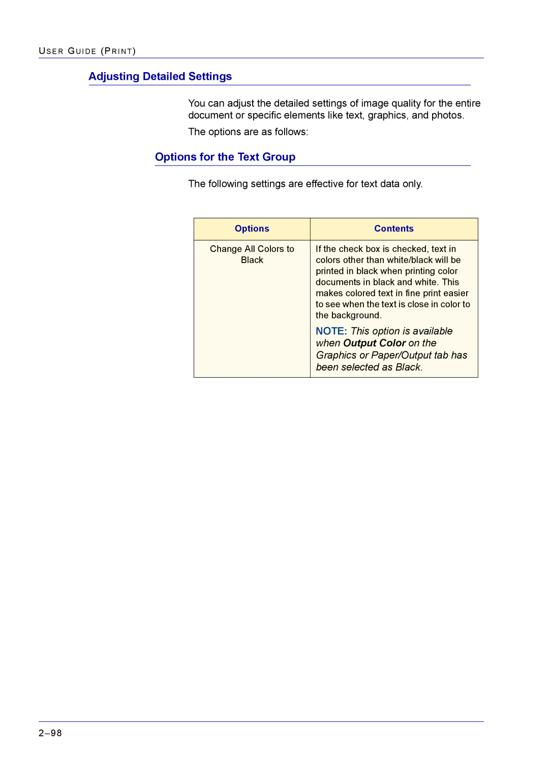 Xerox M24 manual Adjusting Detailed Settings, Options for the Text Group 