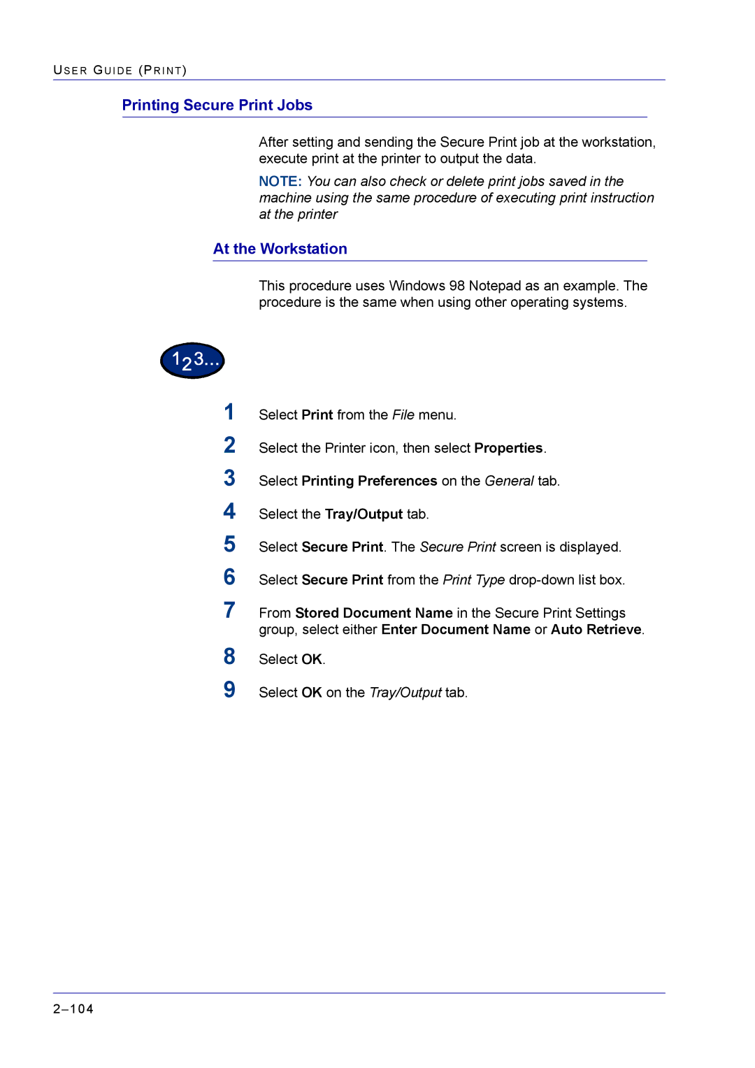 Xerox M24 manual Printing Secure Print Jobs, At the Workstation 