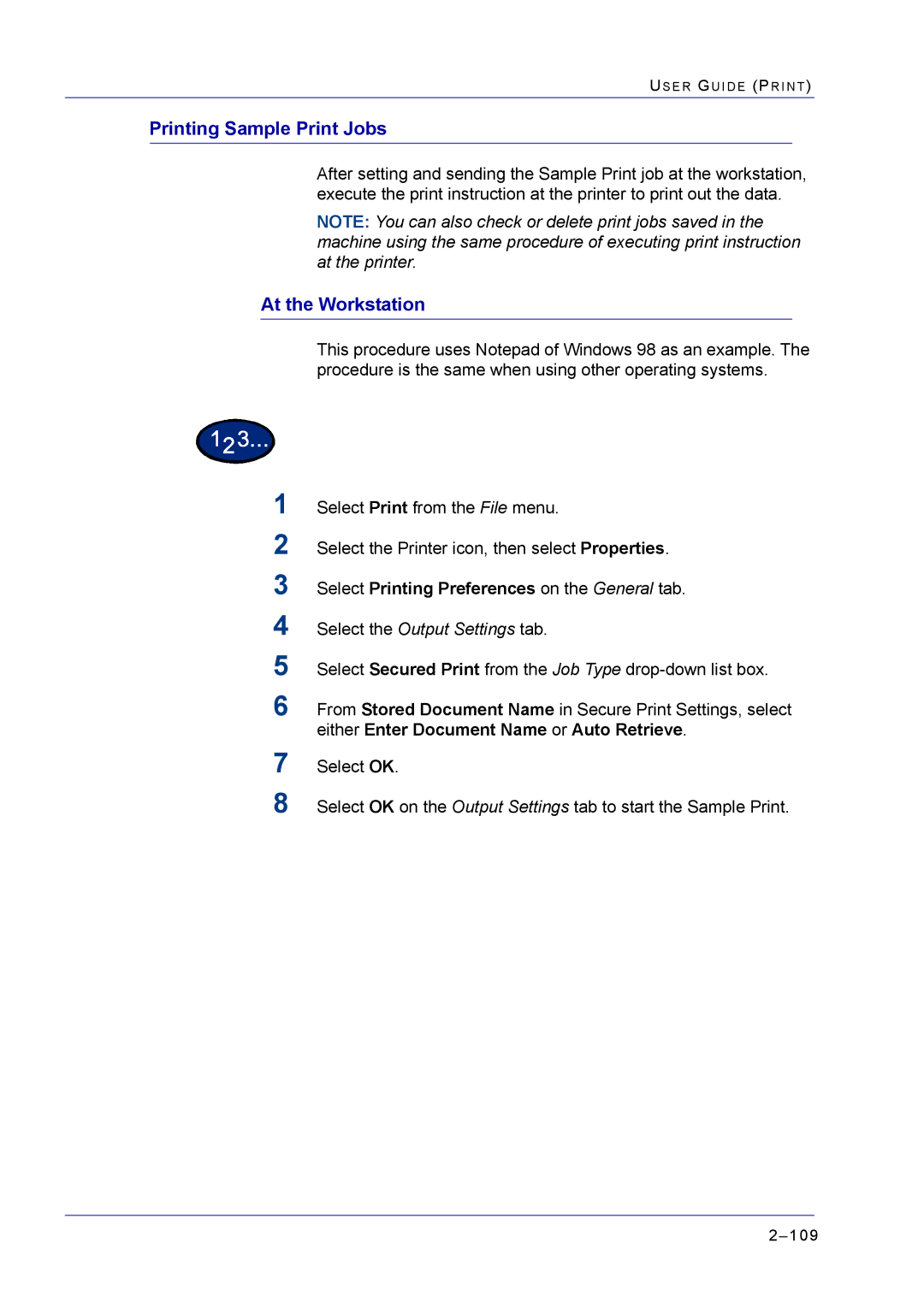 Xerox M24 manual Printing Sample Print Jobs, Select the Output Settings tab 