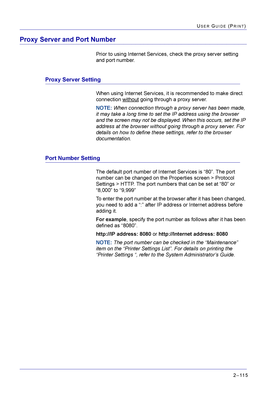 Xerox M24 manual Proxy Server and Port Number, Proxy Server Setting, Port Number Setting 