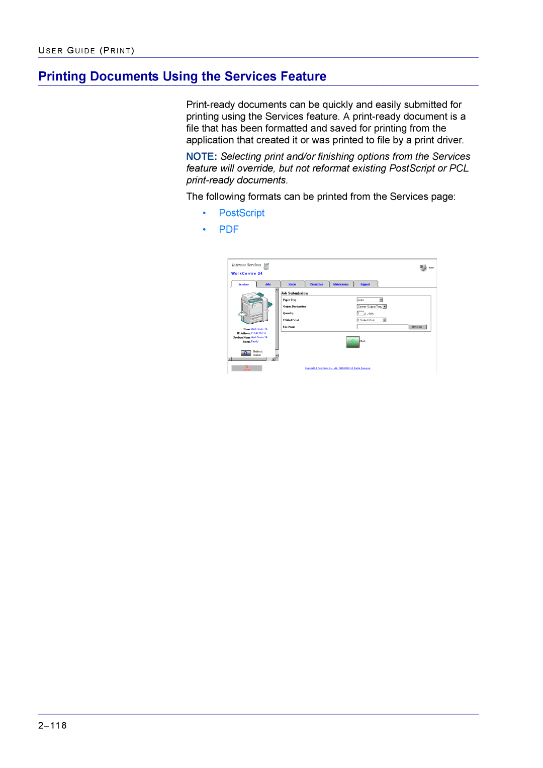 Xerox M24 manual Printing Documents Using the Services Feature 