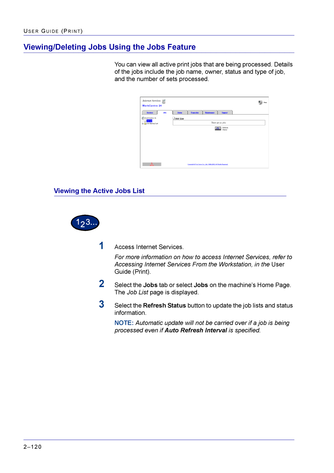 Xerox M24 manual Viewing/Deleting Jobs Using the Jobs Feature, Viewing the Active Jobs List 