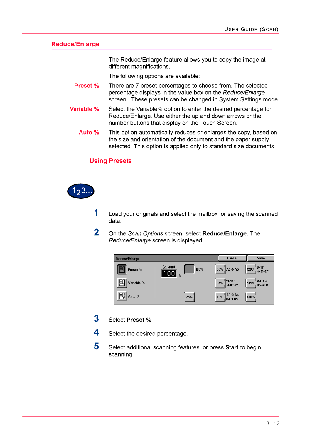 Xerox M24 manual Reduce/Enlarge, Using Presets 