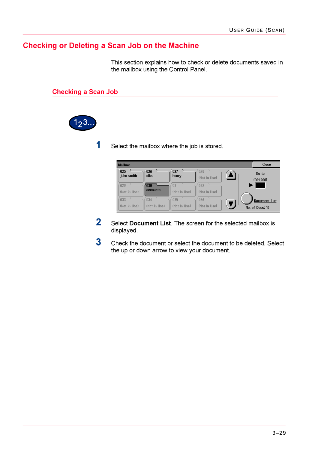 Xerox M24 manual Checking or Deleting a Scan Job on the Machine, Checking a Scan Job 