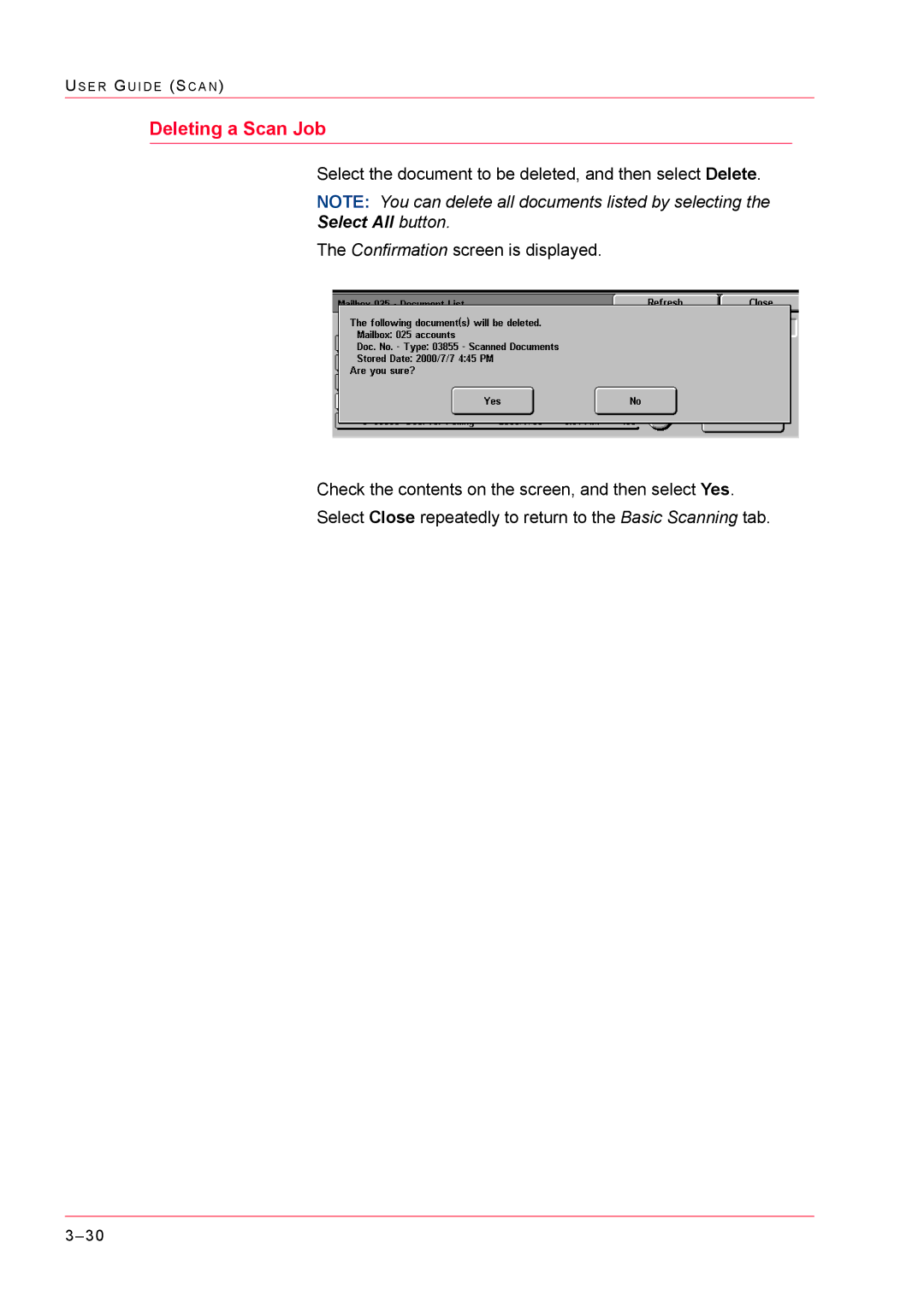 Xerox M24 manual Deleting a Scan Job, Select All button 