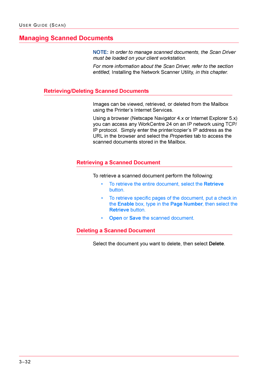 Xerox M24 manual Retrieving/Deleting Scanned Documents, Retrieving a Scanned Document, Deleting a Scanned Document 