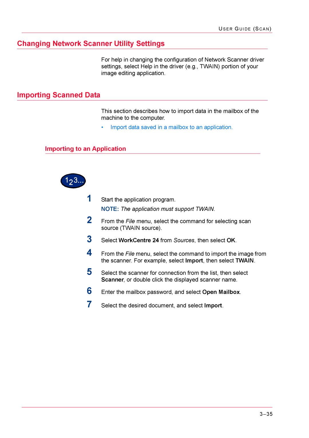 Xerox M24 manual Changing Network Scanner Utility Settings, Importing to an Application 