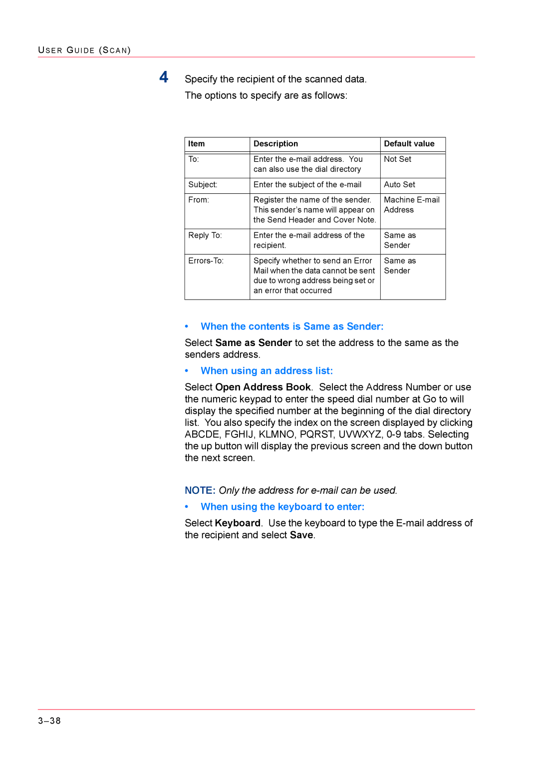 Xerox M24 manual When the contents is Same as Sender, When using an address list, When using the keyboard to enter 