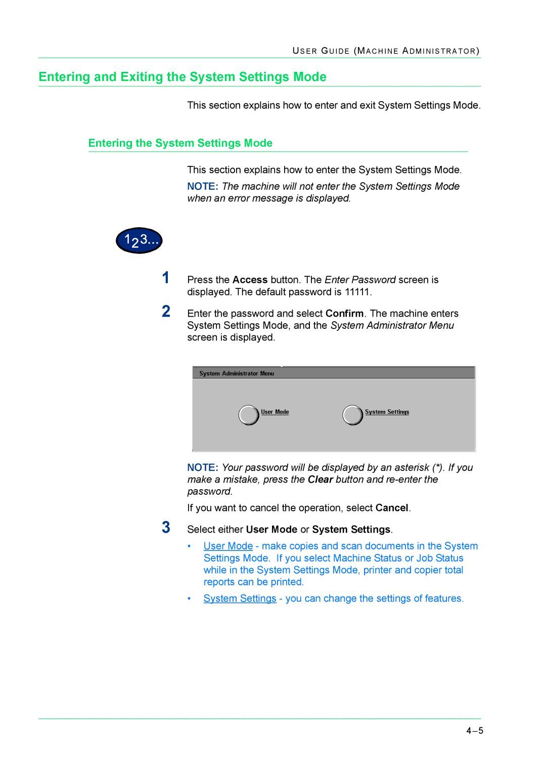 Xerox M24 manual Entering and Exiting the System Settings Mode, Entering the System Settings Mode 