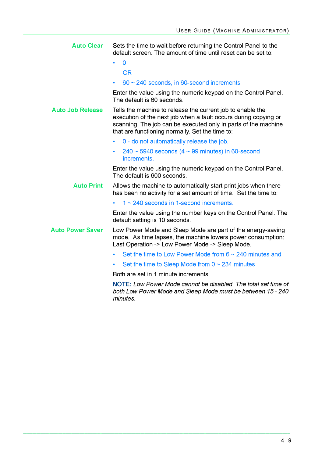 Xerox M24 manual 60 ~ 240 seconds, in 60-second increments 