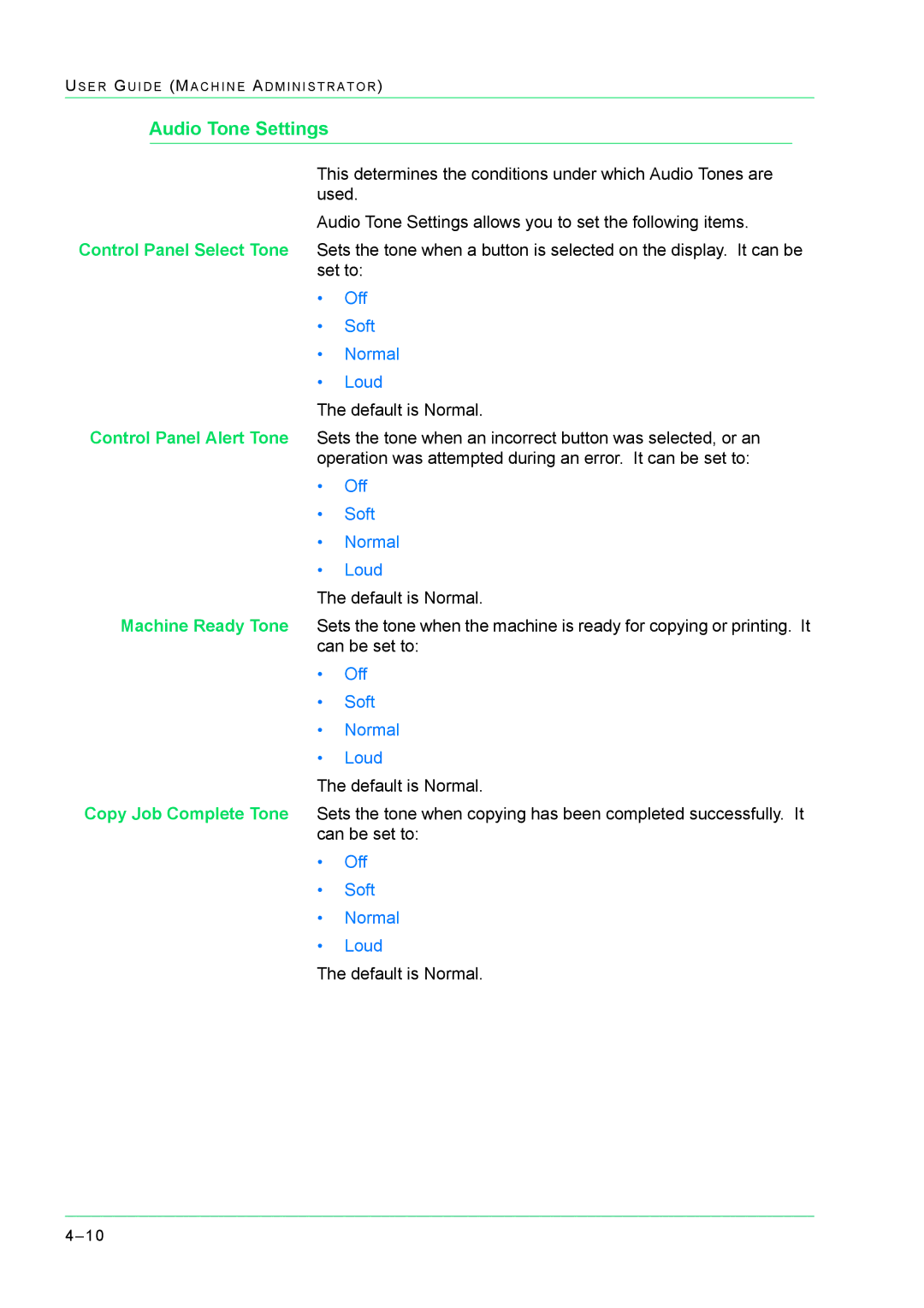 Xerox M24 manual Audio Tone Settings, Off Soft Normal Loud 