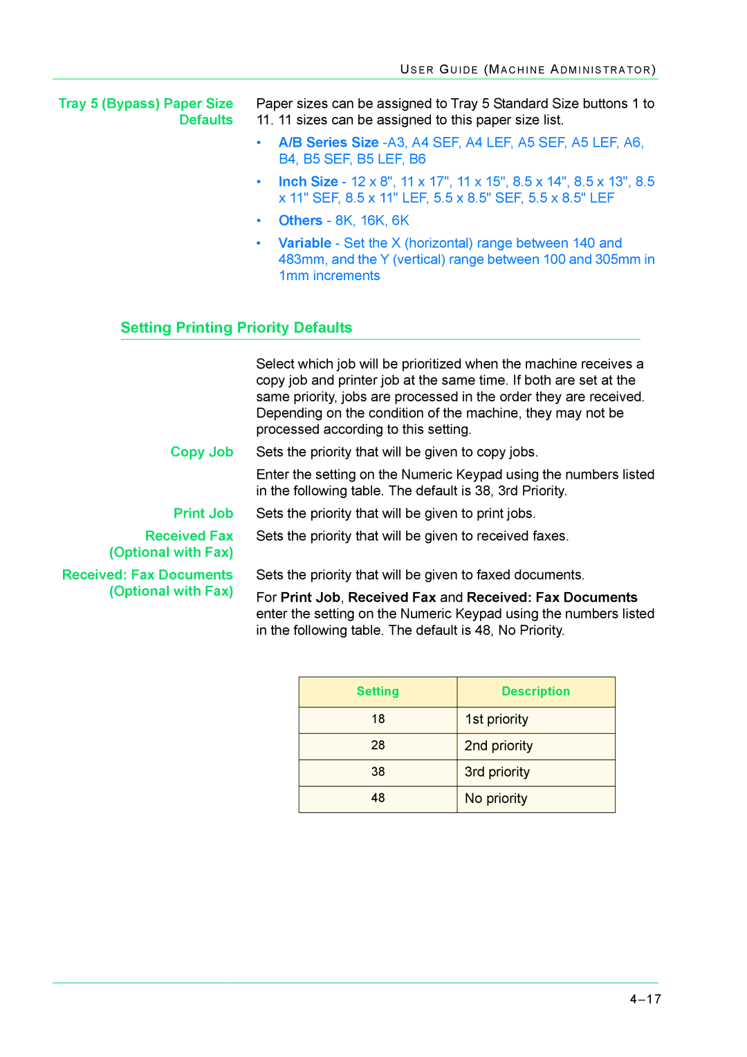 Xerox M24 manual Setting Printing Priority Defaults, Copy Job Print Job 