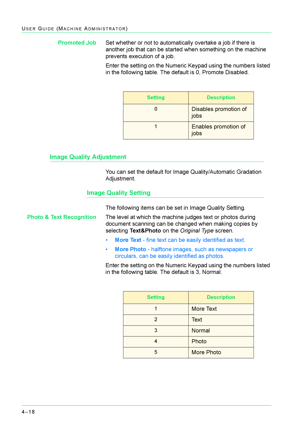 Xerox M24 manual Image Quality Adjustment, Image Quality Setting 