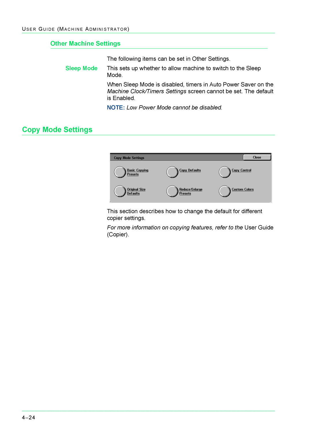 Xerox M24 manual Copy Mode Settings, Other Machine Settings 