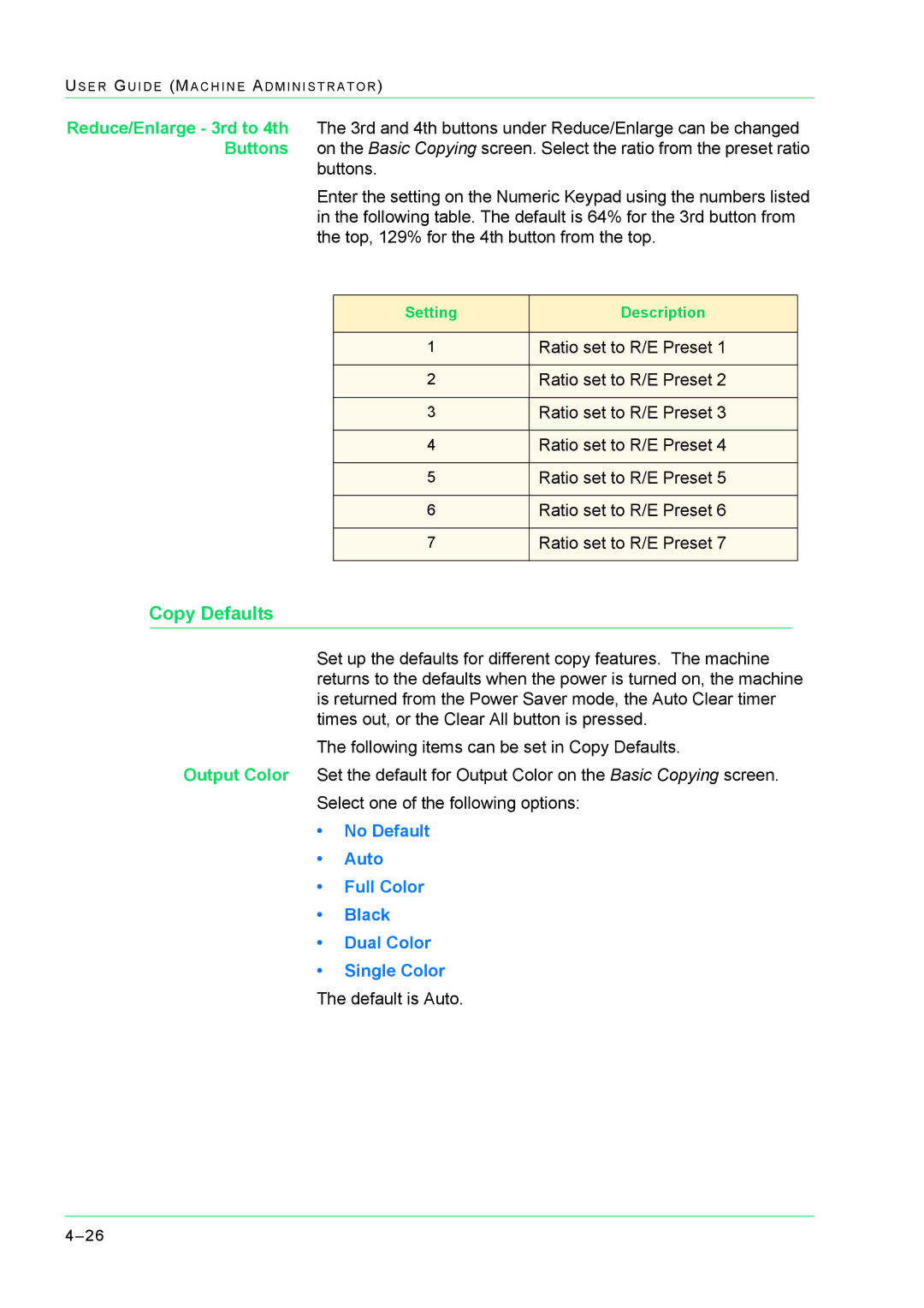 Xerox M24 manual Copy Defaults, No Default Auto Full Color Black Dual Color 