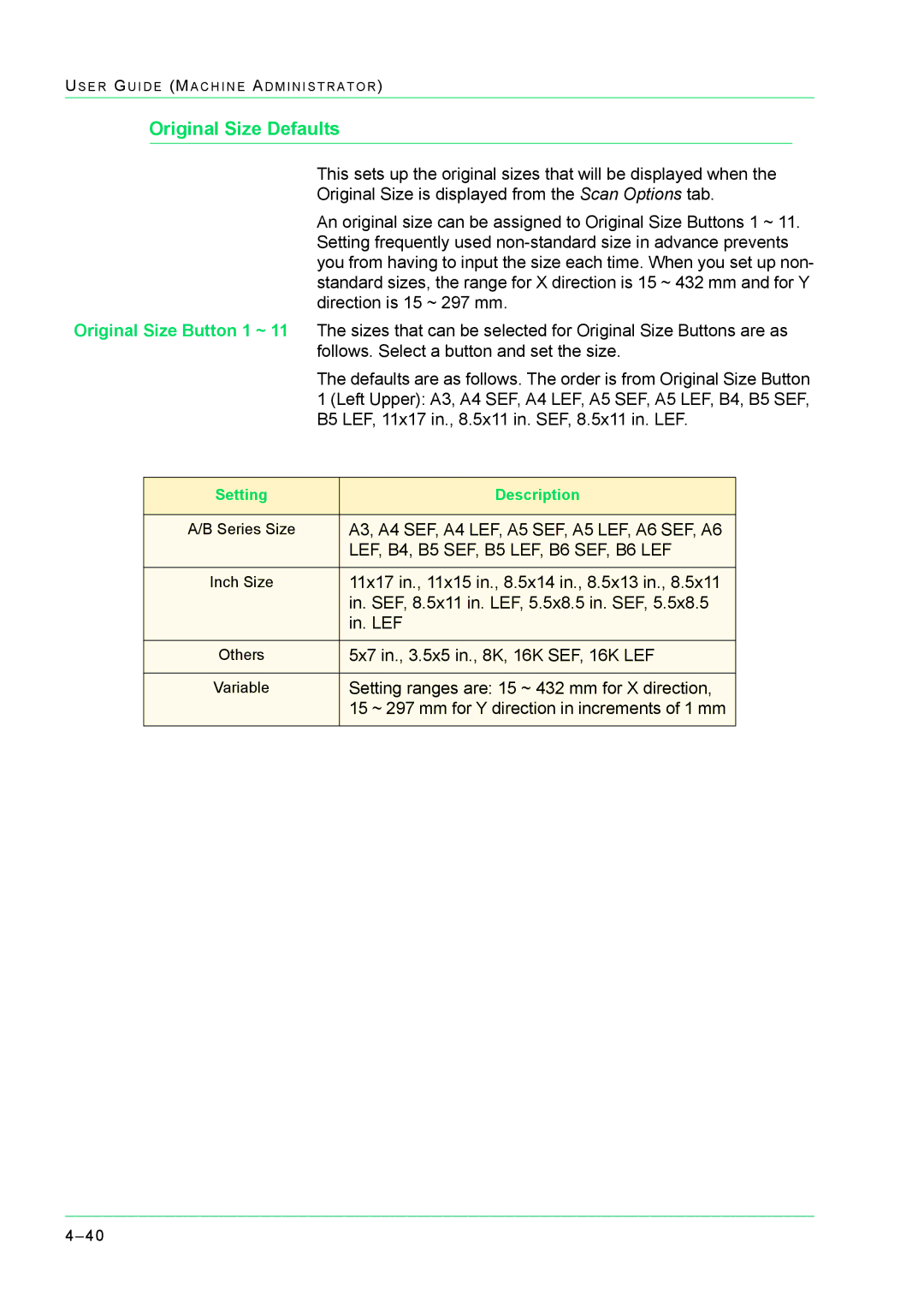 Xerox M24 manual Original Size Defaults, LEF, B4, B5 SEF, B5 LEF, B6 SEF, B6 LEF 