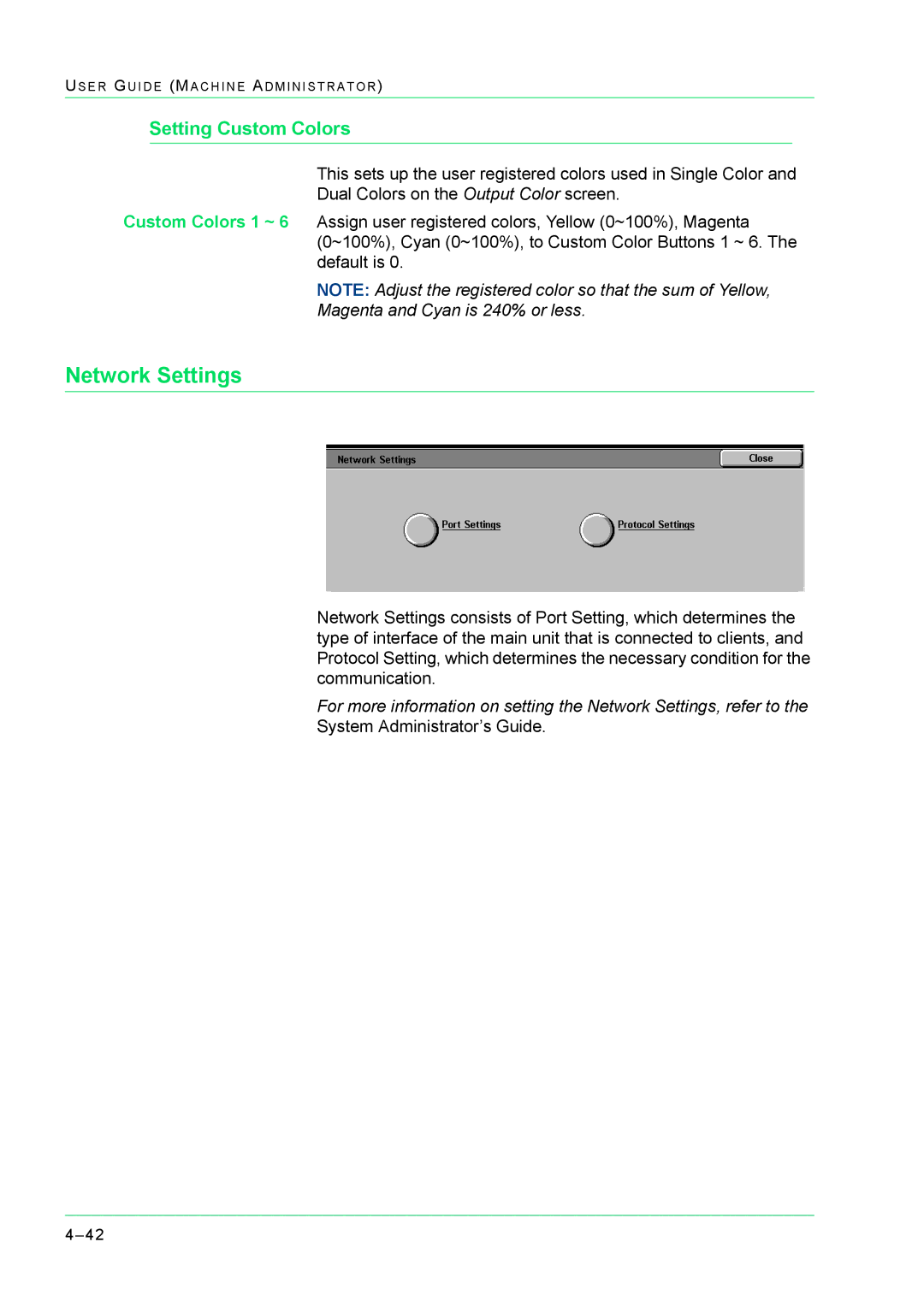 Xerox M24 manual Network Settings, Setting Custom Colors 