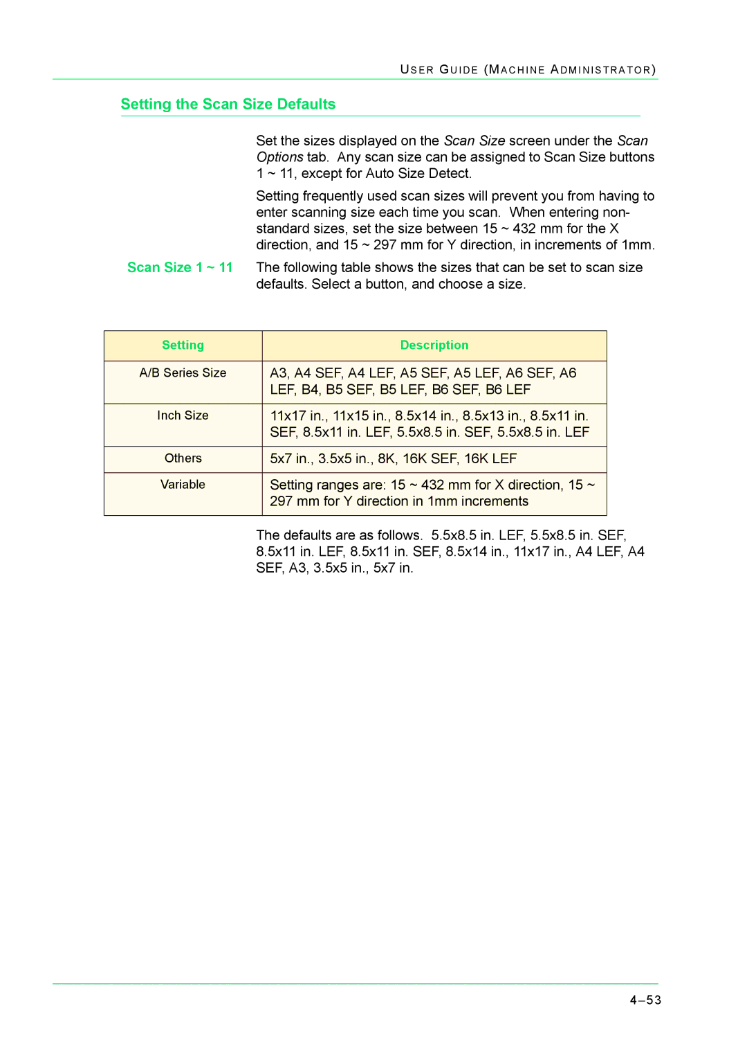 Xerox M24 manual Setting the Scan Size Defaults 