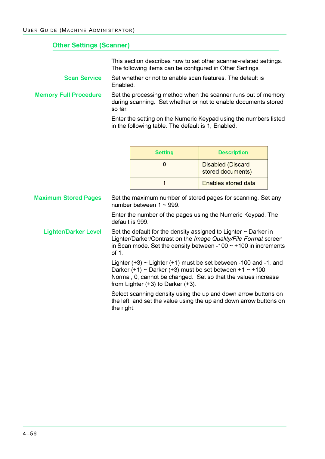 Xerox M24 manual Other Settings Scanner 