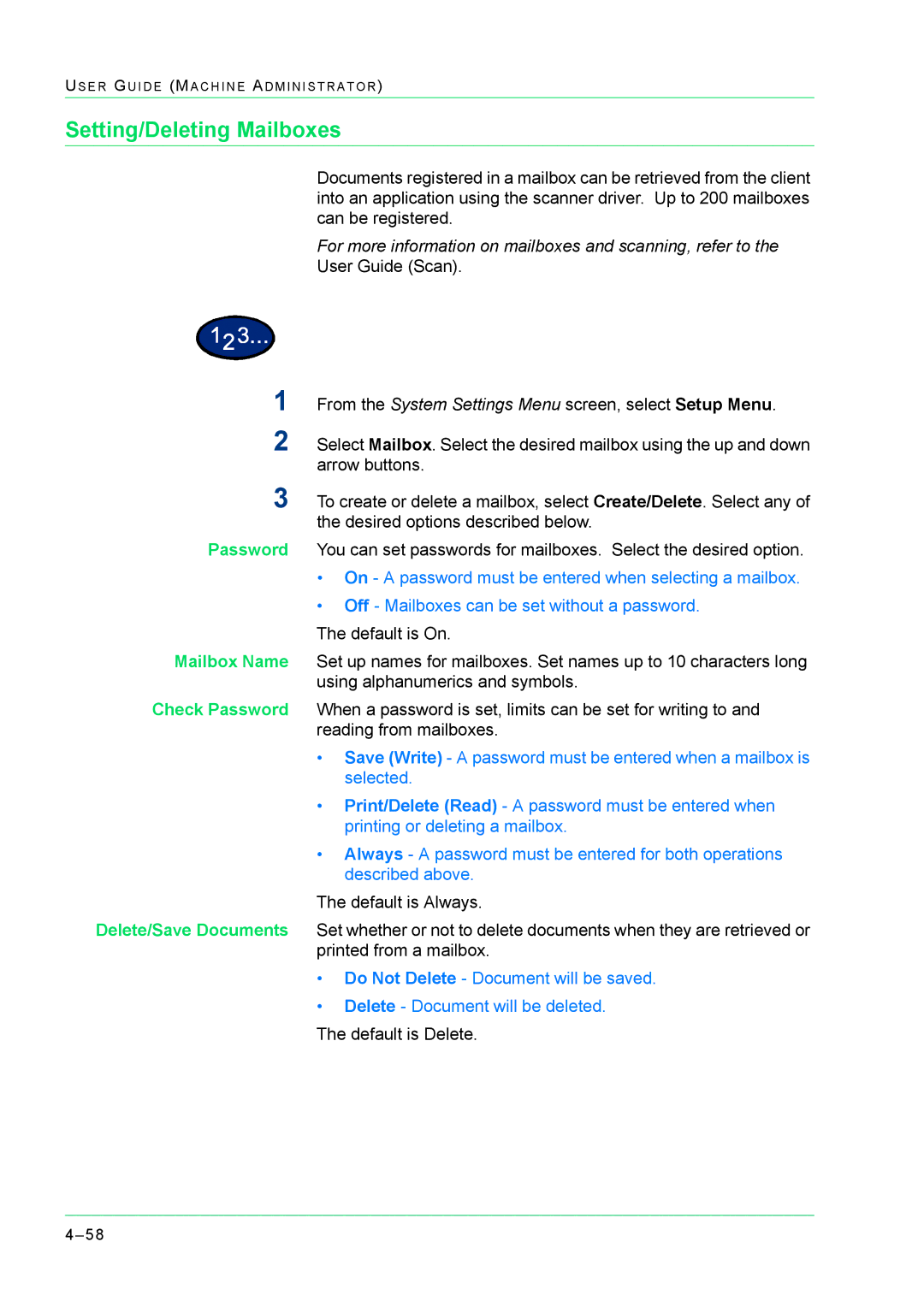 Xerox M24 manual Setting/Deleting Mailboxes 