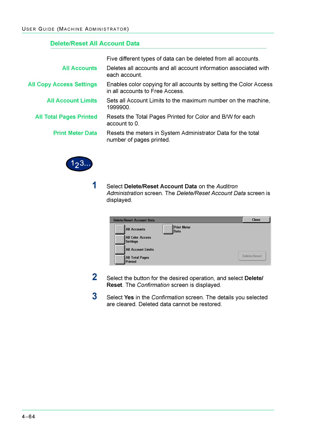 Xerox M24 manual Delete/Reset All Account Data 