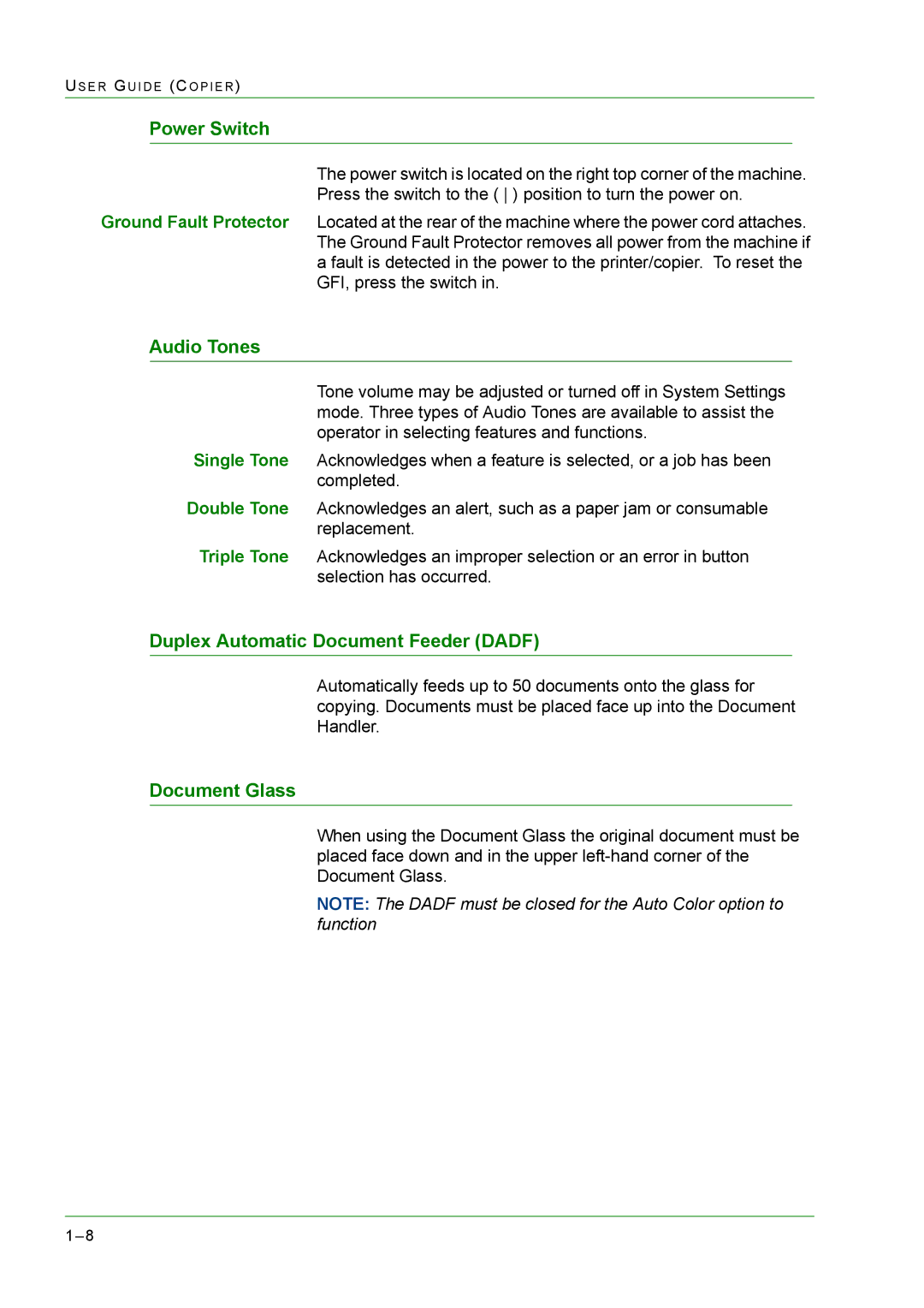 Xerox M24 manual Power Switch, Audio Tones, Duplex Automatic Document Feeder Dadf, Document Glass 