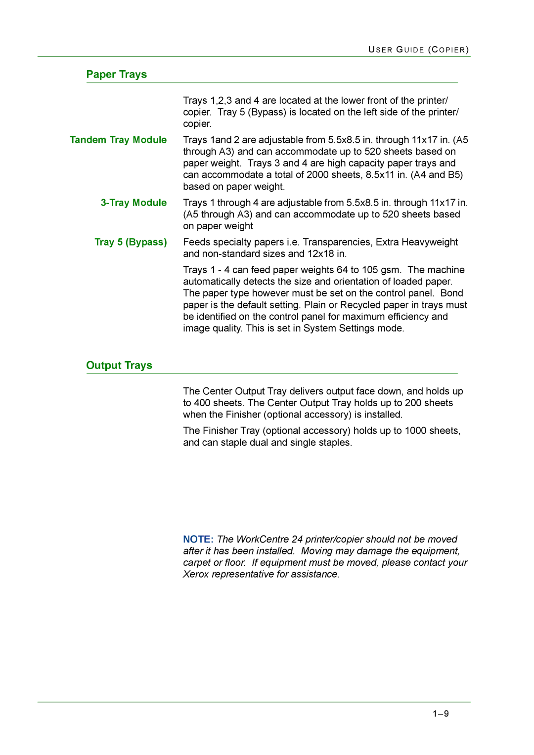 Xerox M24 manual Paper Trays, Output Trays 