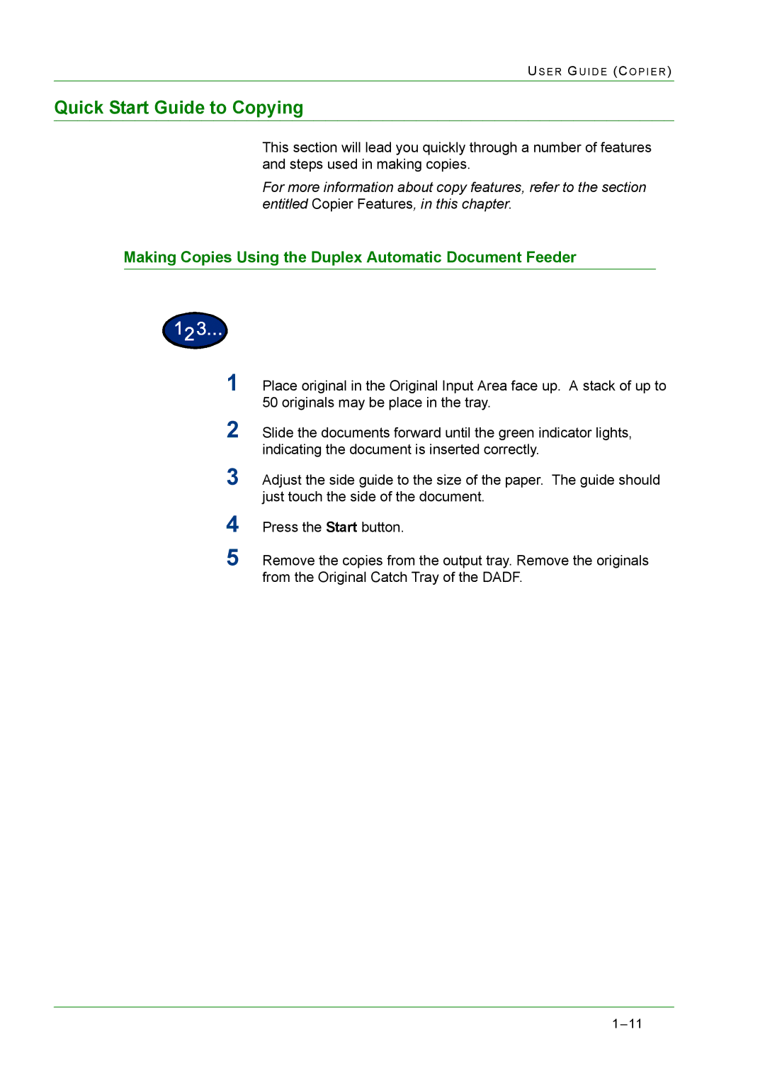 Xerox M24 manual Quick Start Guide to Copying, Making Copies Using the Duplex Automatic Document Feeder 