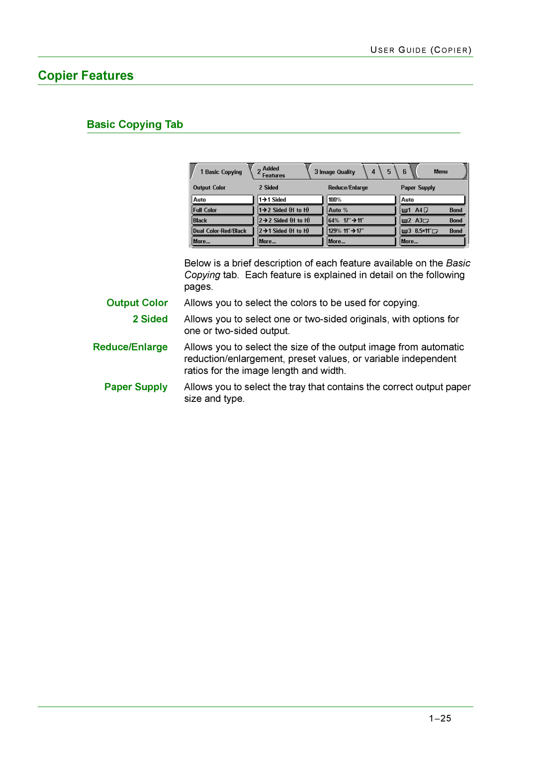 Xerox M24 manual Copier Features, Basic Copying Tab 