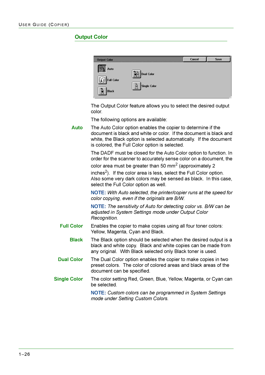 Xerox M24 manual Output Color 