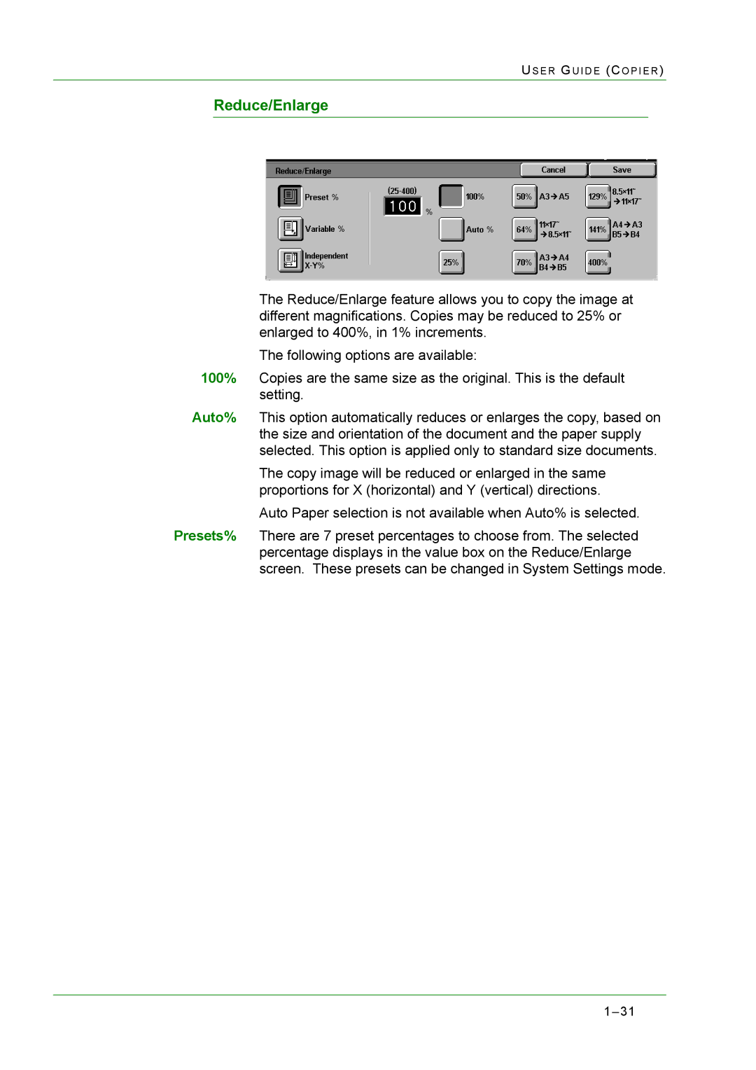 Xerox M24 manual Reduce/Enlarge 