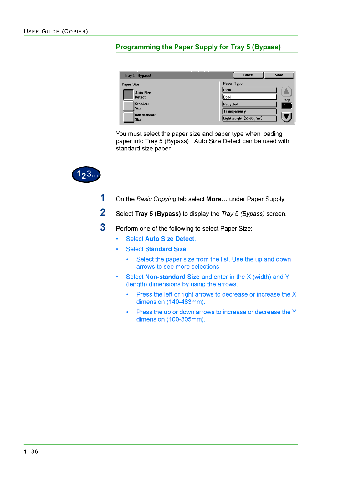 Xerox M24 manual Programming the Paper Supply for Tray 5 Bypass, Select Auto Size Detect Select Standard Size 