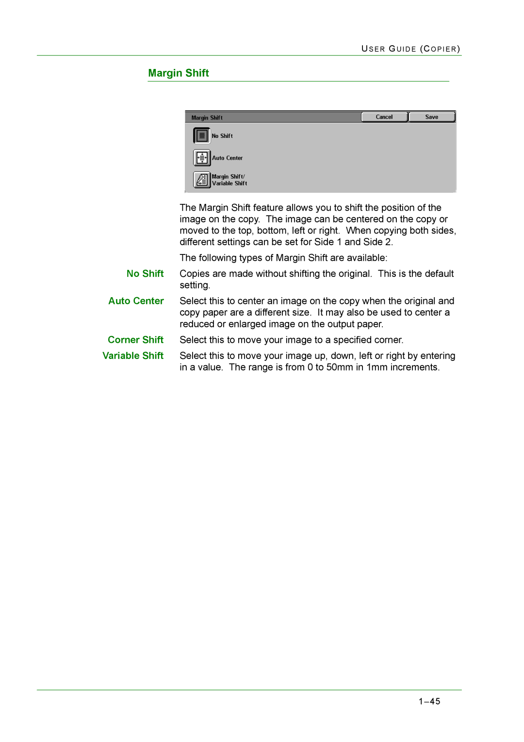 Xerox M24 manual Margin Shift 