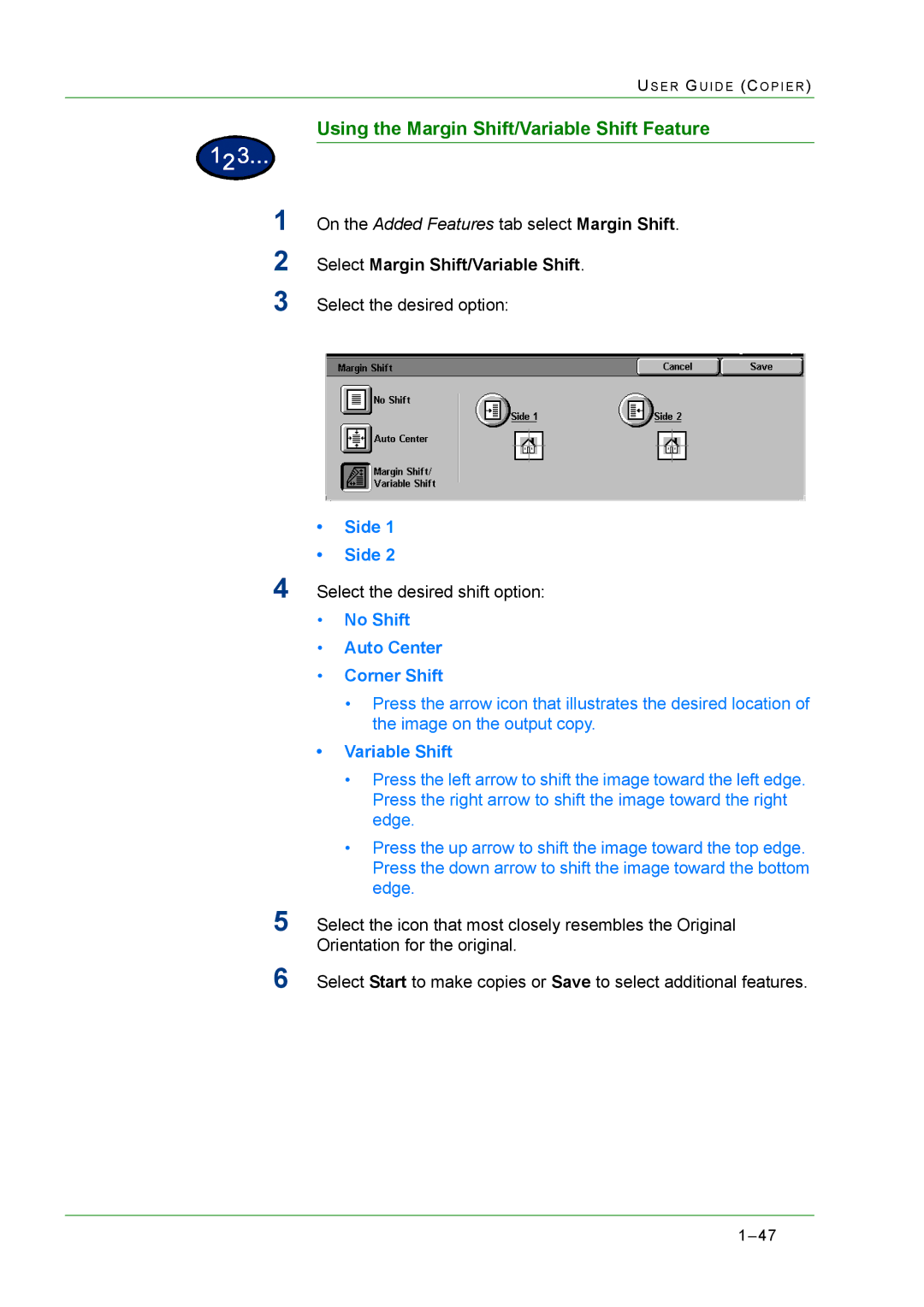 Xerox M24 manual Using the Margin Shift/Variable Shift Feature, Side, No Shift Auto Center Corner Shift 