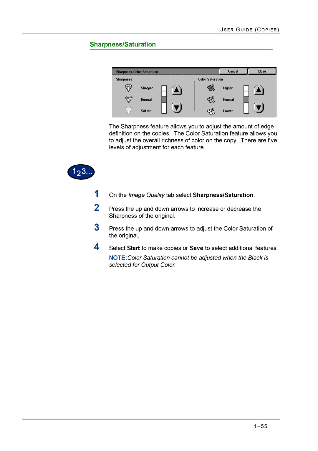 Xerox M24 manual On the Image Quality tab select Sharpness/Saturation 