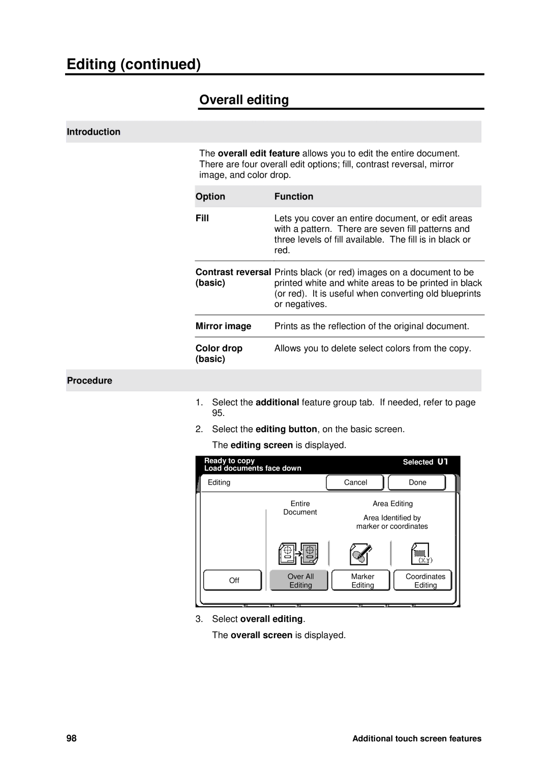 Xerox MAX 200 manual Overall editing, Option Function Fill, Basic Procedure, Select overall editing 