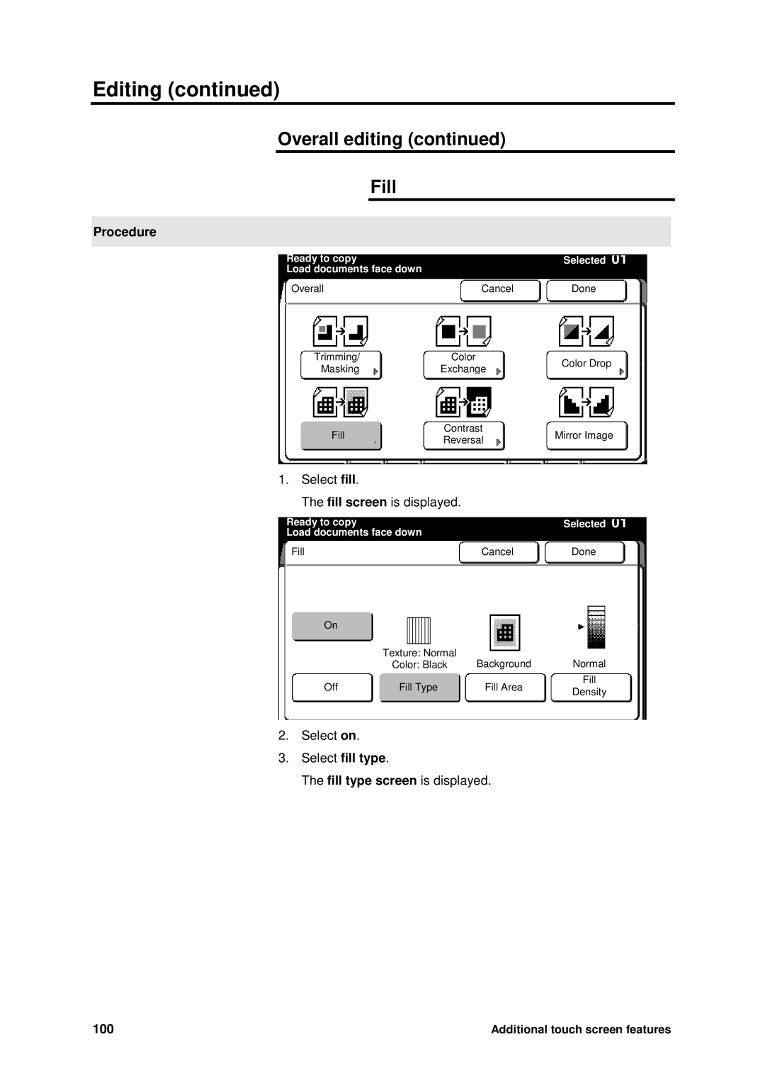 Xerox MAX 200 manual Overall editing Fill, Select fill type, 100 