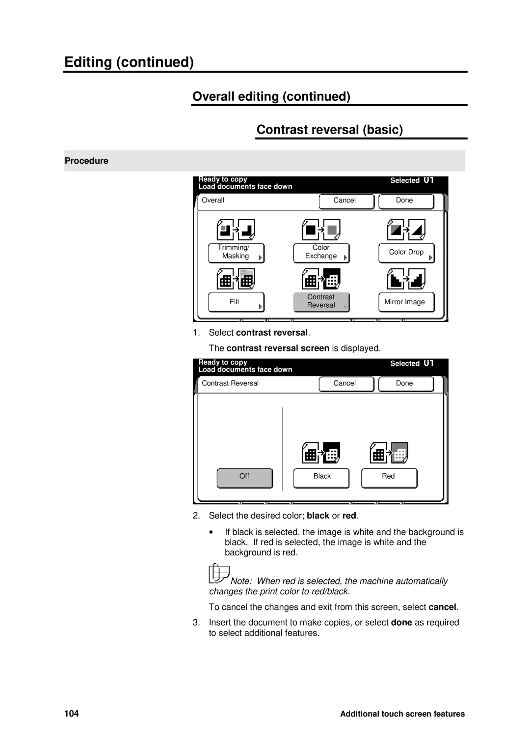 Xerox MAX 200 manual Overall editing Contrast reversal basic, 104 