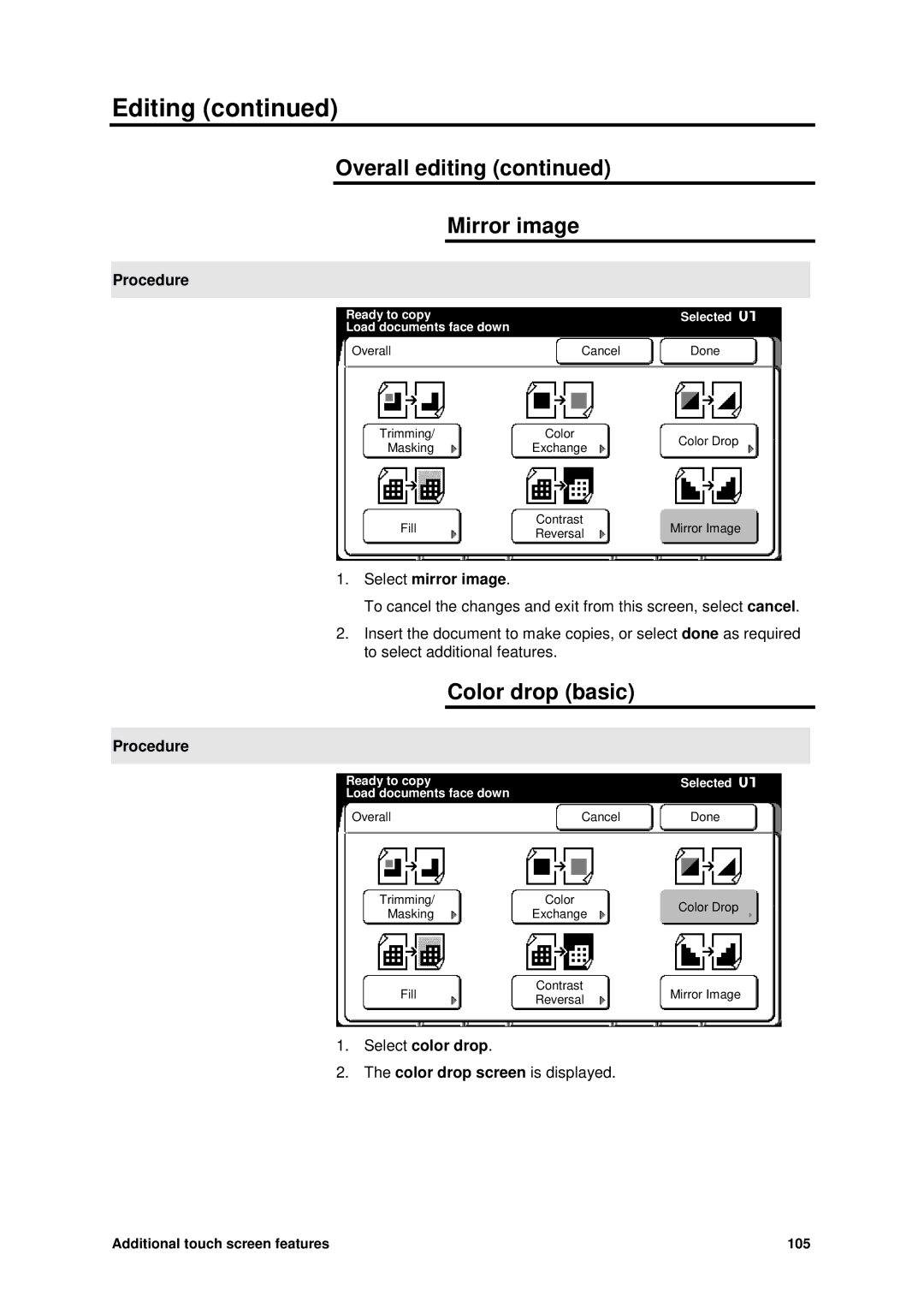 Xerox MAX 200 manual Overall editing Mirror image, Color drop basic, Select mirror image 