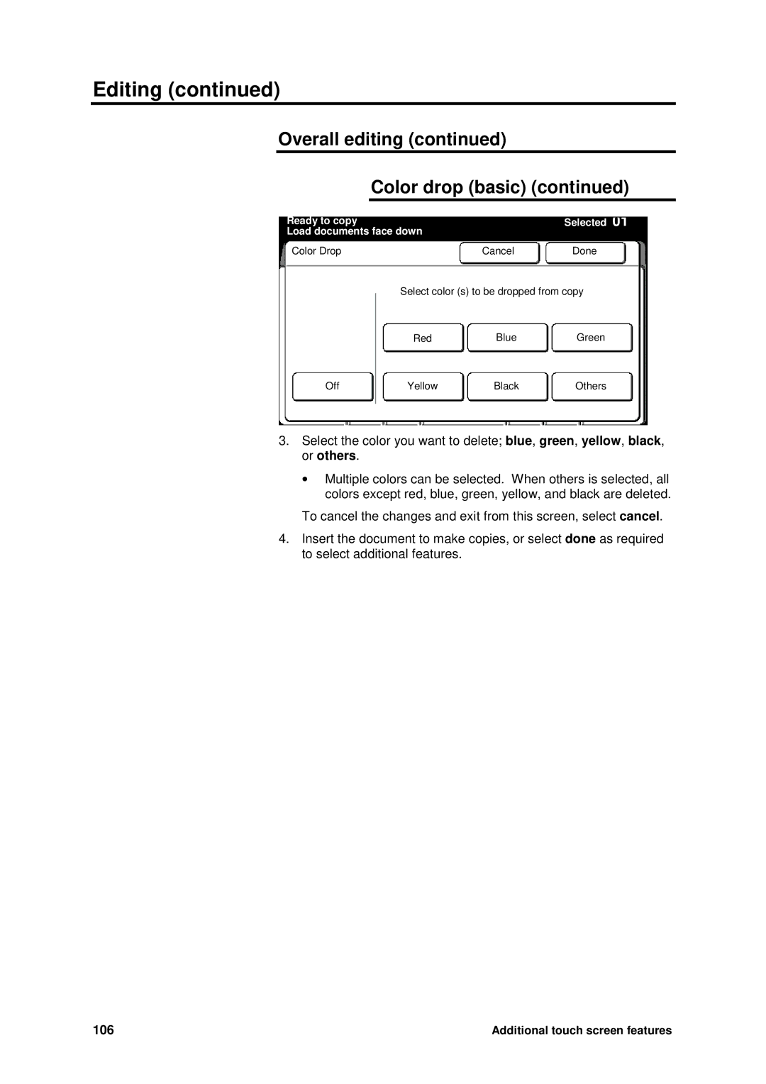 Xerox MAX 200 manual Overall editing Color drop basic, 106 