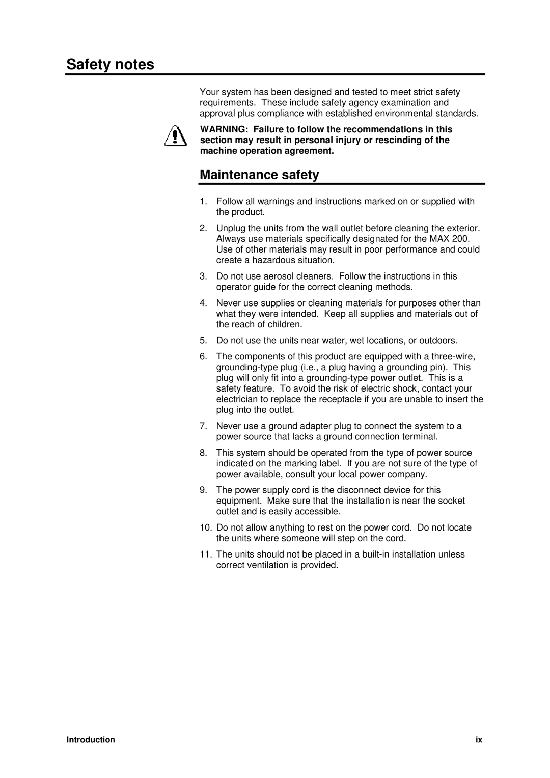 Xerox MAX 200 manual Safety notes, Maintenance safety 