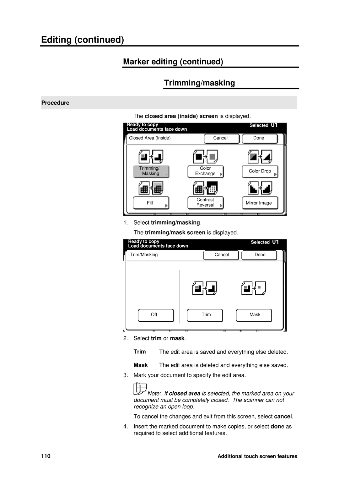 Xerox MAX 200 manual Marker editing Trimming/masking, Procedure Closed area inside screen is displayed, 110 