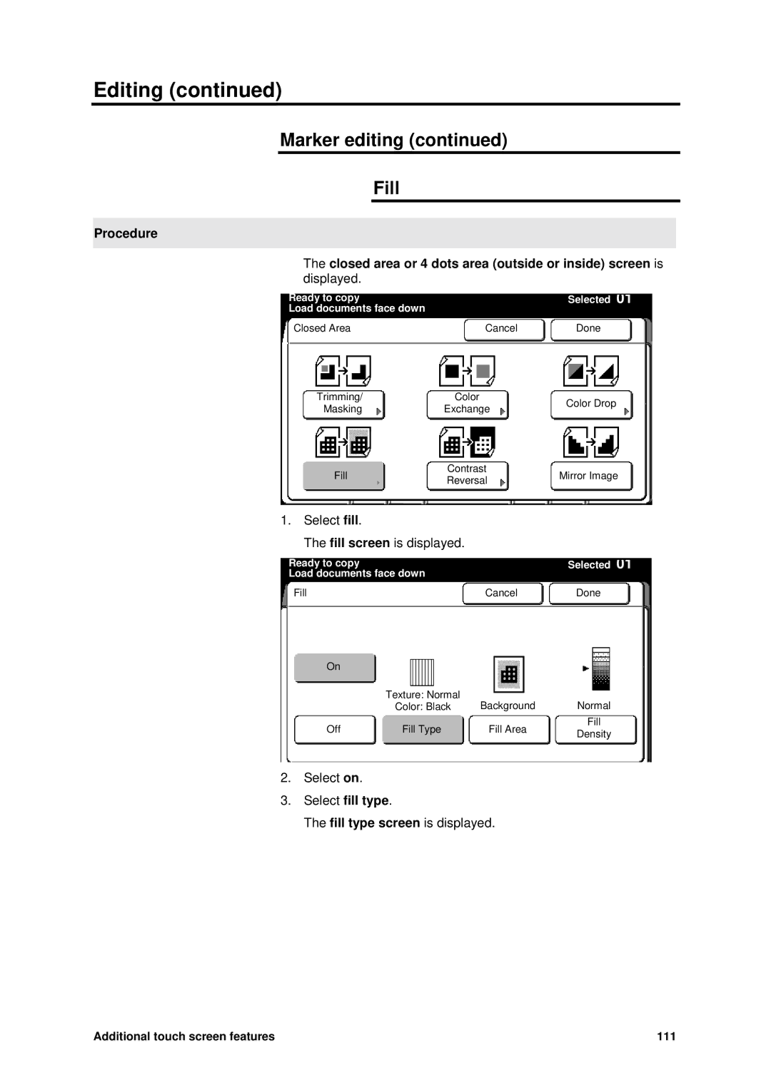 Xerox MAX 200 manual Marker editing Fill, Select fill type 