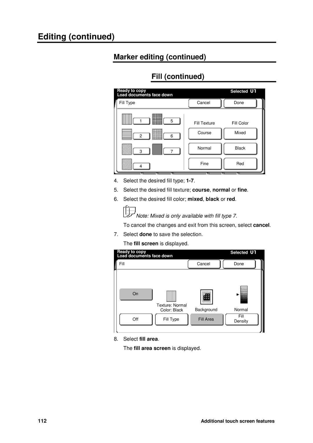 Xerox MAX 200 manual Select fill area, 112 