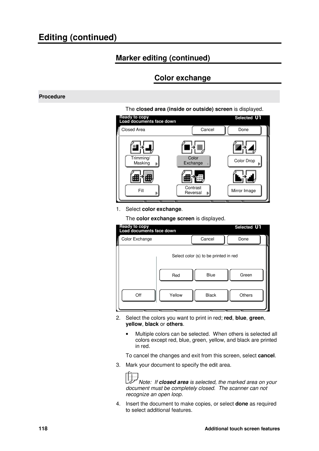 Xerox MAX 200 manual Marker editing Color exchange, Select color exchange Color exchange screen is displayed, 118 