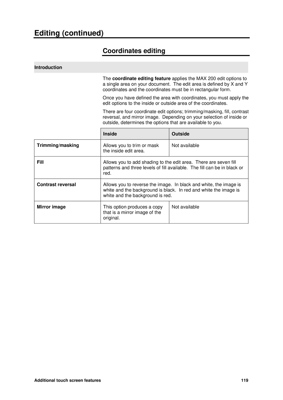 Xerox MAX 200 manual Coordinates editing, Inside Outside Trimming/masking, Contrast reversal, Mirror image 